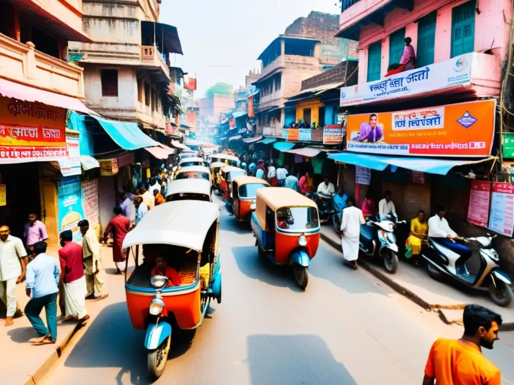 Colorida calle de Varanasi, India, con bullicio, rickshaws y tiendas, reflejando la filosofía del Karma en Hinduísmo