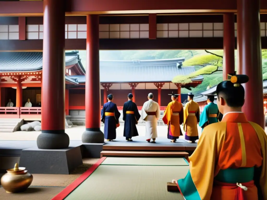 Coloridas festividades y rituales shintoístas en un vibrante santuario lleno de detalles y significado espiritual