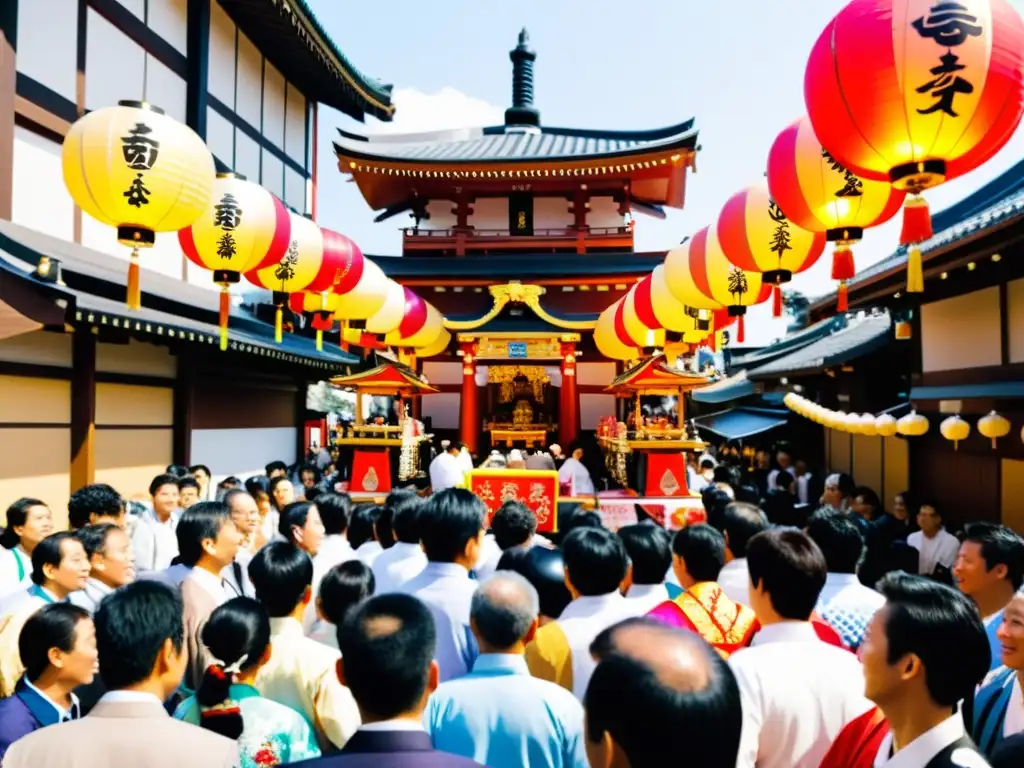 Un colorido mikoshi es llevado en un animado festival Matsuri