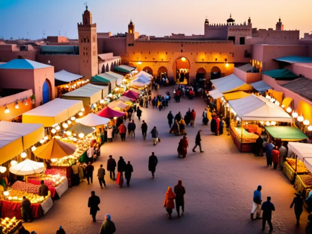 Colorido mercado callejero en Marrakech, Marruecos, con arquitectura tradicional, gente animada y rica cultura