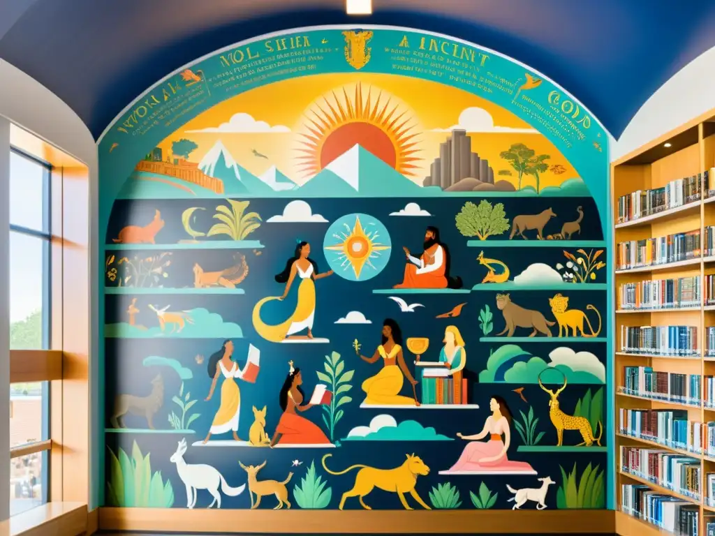 Colorido mural en biblioteca representa mitos y literatura mundial, con escenas detalladas