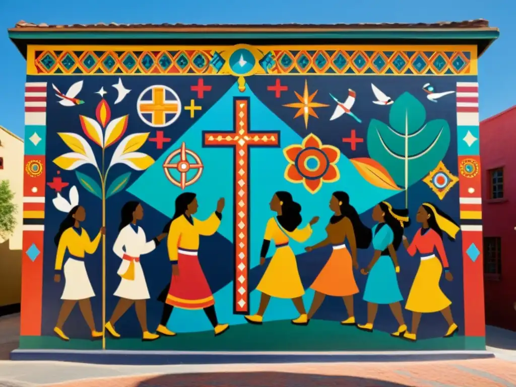 Colorido mural en plaza histórica, fusionando símbolos religiosos indígenas y coloniales en armoniosa composición, invita a reflexionar sobre el sincretismo como traición a pureza filosófica