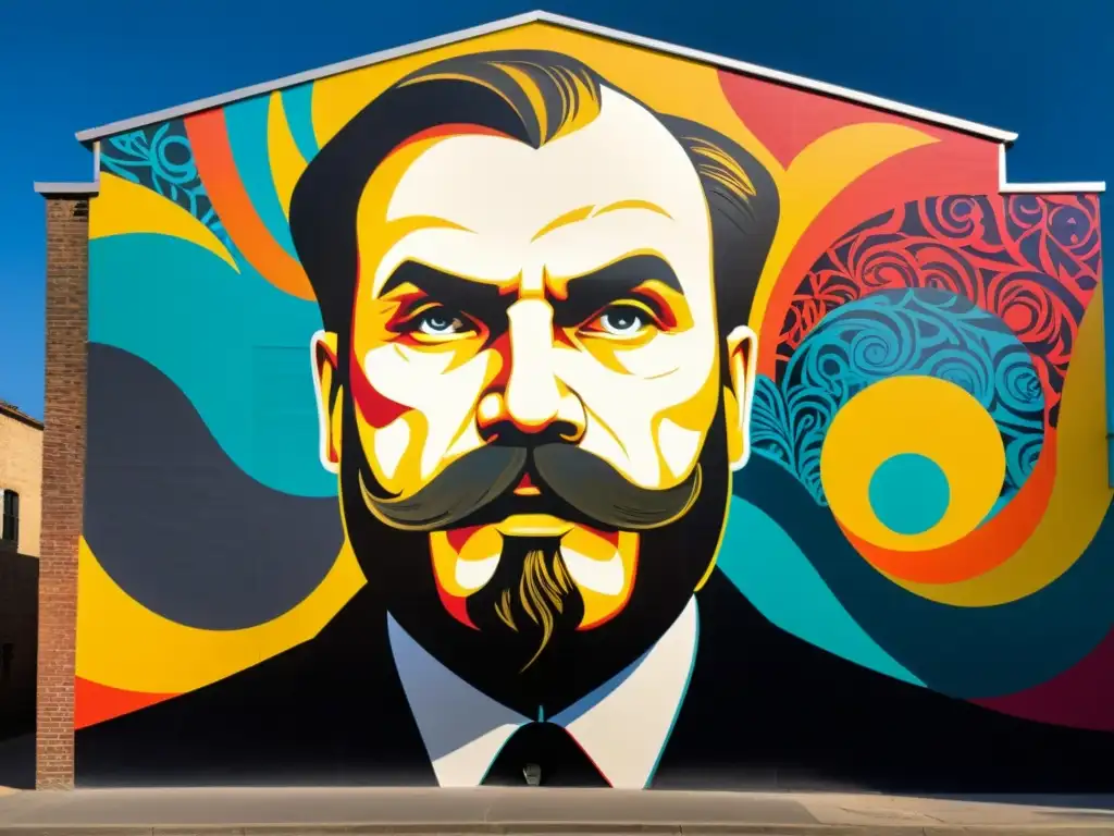 Colorido mural urbano representa la influencia de Nietzsche en la exploración moral del siglo XXI