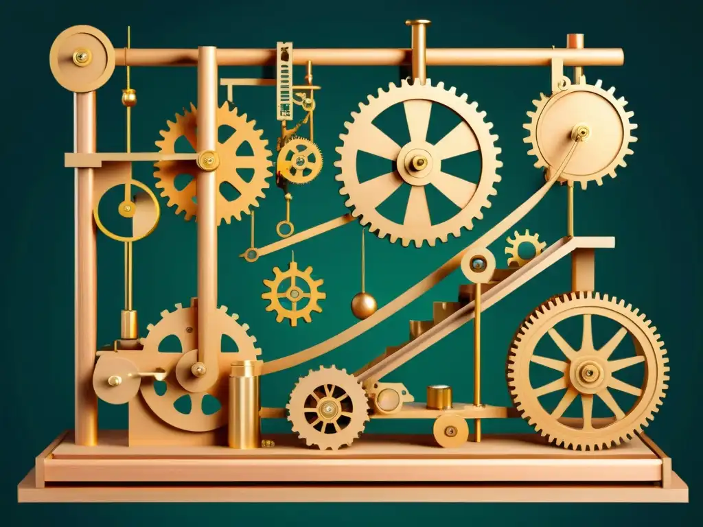 Una compleja máquina de Rube Goldberg en movimiento, destacando la causalidad y acausalidad en filosofía con detalles intrincados de engranajes y poleas