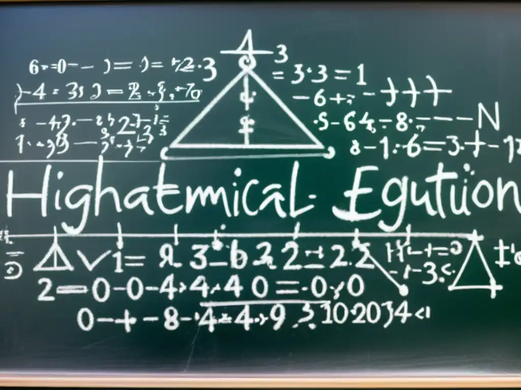 Compleja ecuación matemática escrita a tiza en pizarra, evocando la filosofía de las matemáticas en el universo con su belleza intricada y laboriosa