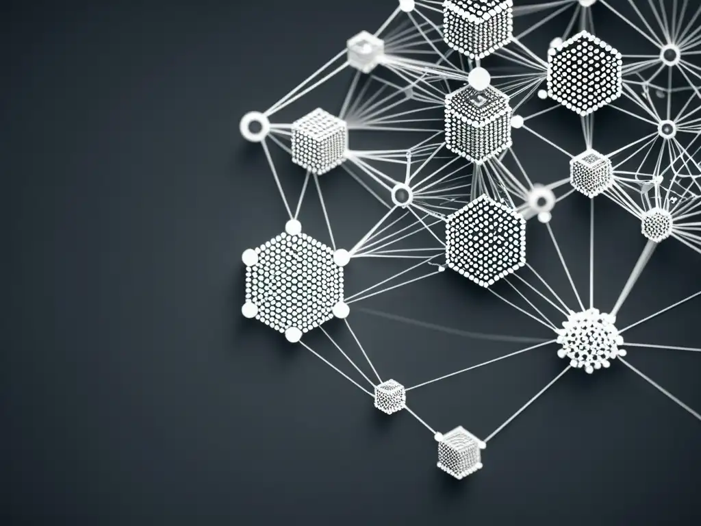 Una compleja red de blockchain en escala de grises, resaltando la sofisticación y la influencia en la Teoría del Conocimiento