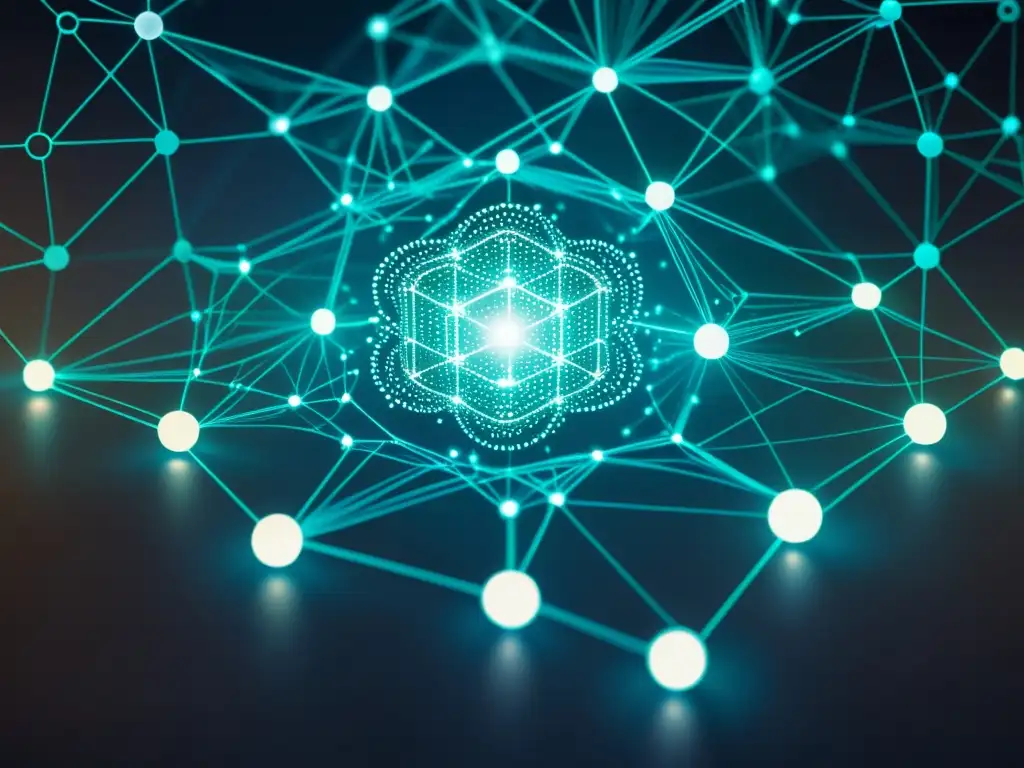 Una compleja visualización de red blockchain, con nodos interconectados y datos luminosos, fusionando conciencia y AI