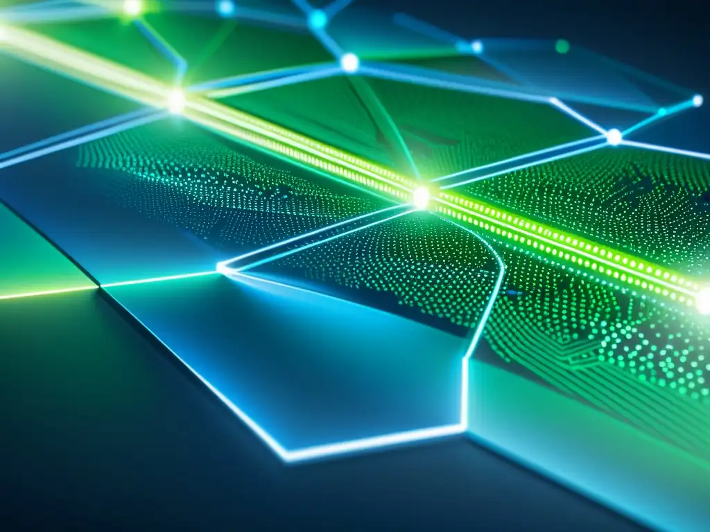 Compleja visualización de red blockchain en tonos azules y verdes, transmite tecnología y sofisticación