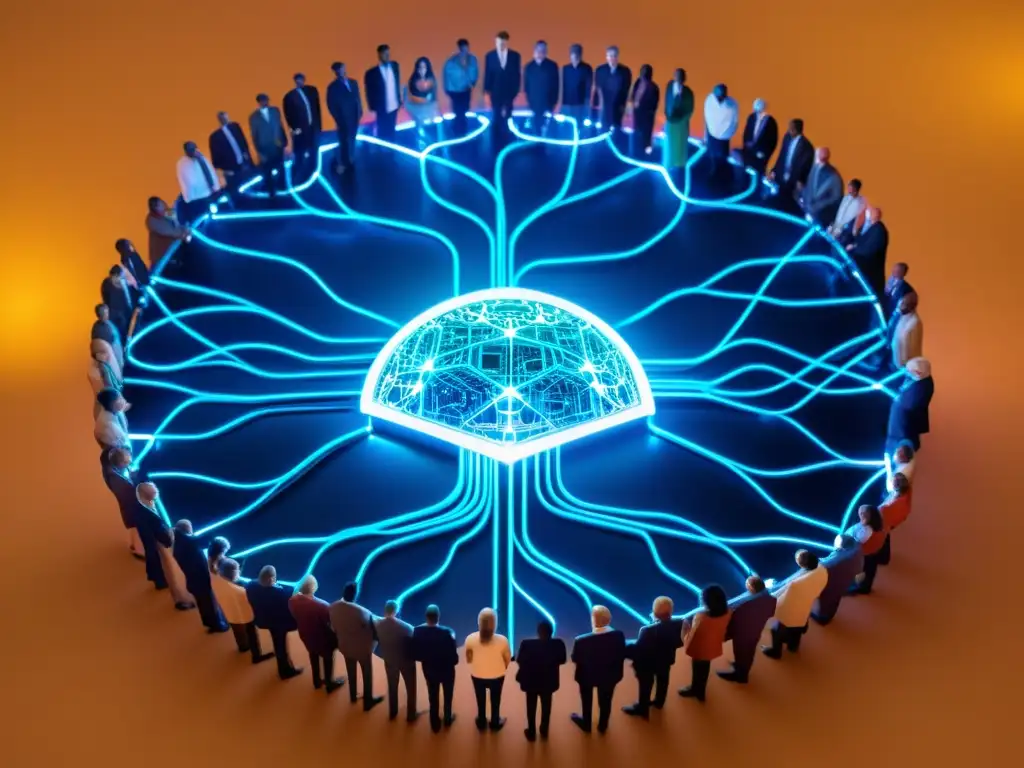 Compleja red de circuitos brillantes entrelazados, simbolizando la fusión de inteligencia artificial y ética en la era digital