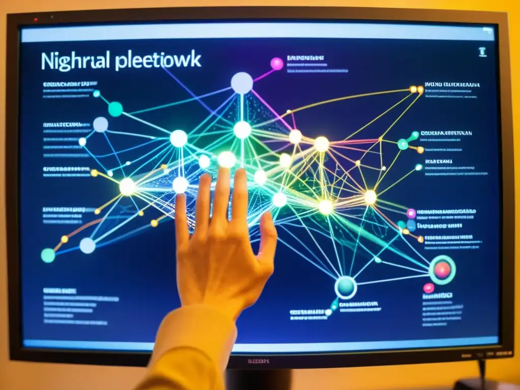 Compleja red neuronal en monitor, mano tocando nodo