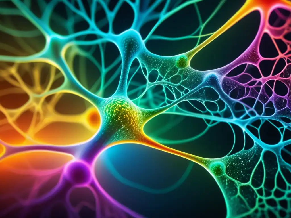 Compleja red de neuronas en el cerebro humano, con sinapsis y conexiones vibrantes, evocando la causalidad en la física moderna