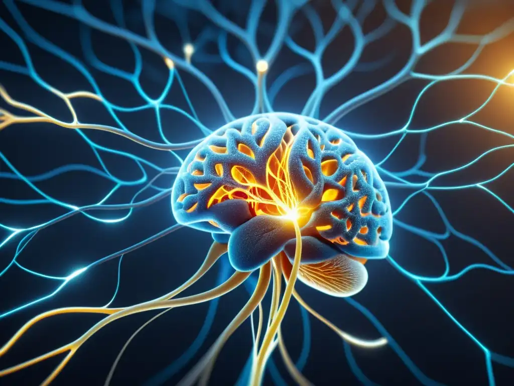 Compleja red de neuronas interconectadas en el cerebro, destacando la causalidad y acausalidad en filosofía