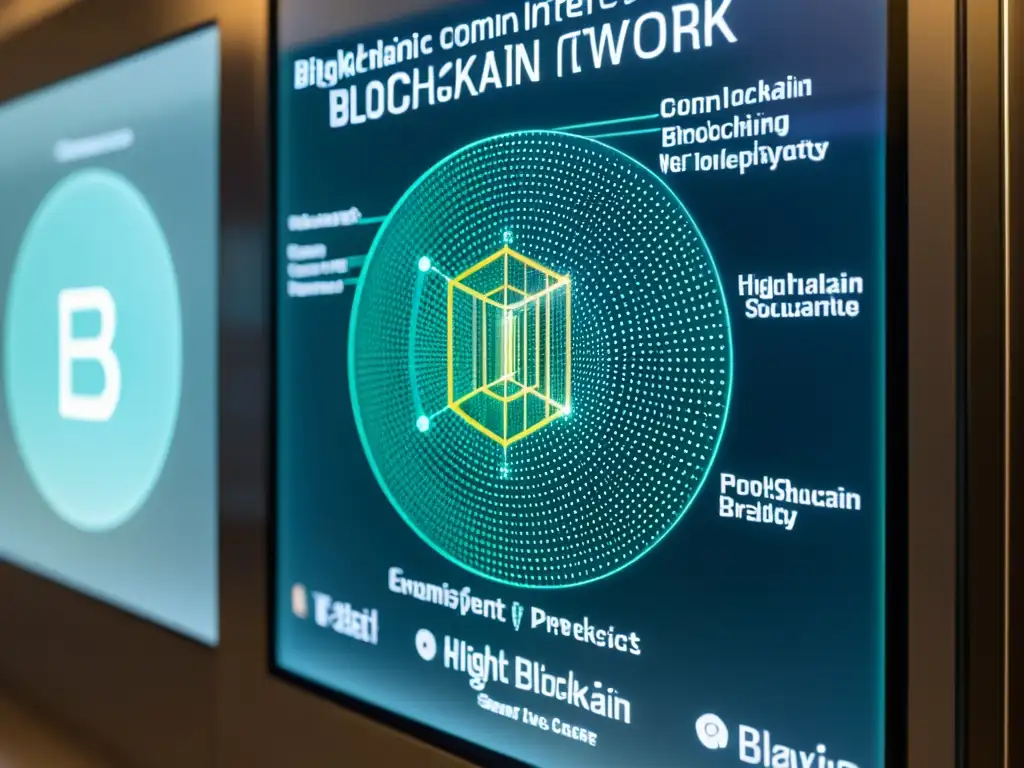 Complejidad y sofisticación de la red blockchain proyectada en pantalla transparente, reflejos de la sala