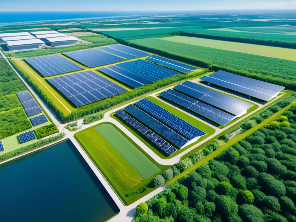 Complejo industrial moderno rodeado de naturaleza exuberante, paneles solares y turbinas eólicas