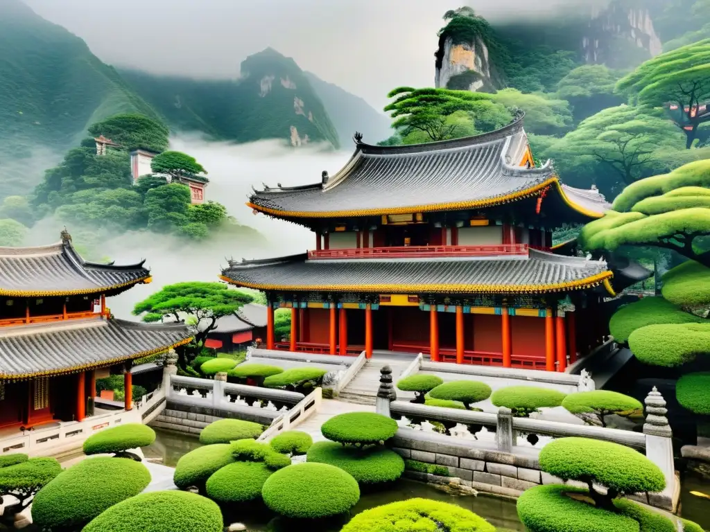 Complejo del templo confuciano antiguo rodeado de exuberante vegetación y montañas brumosas, con visitantes en vestimenta tradicional