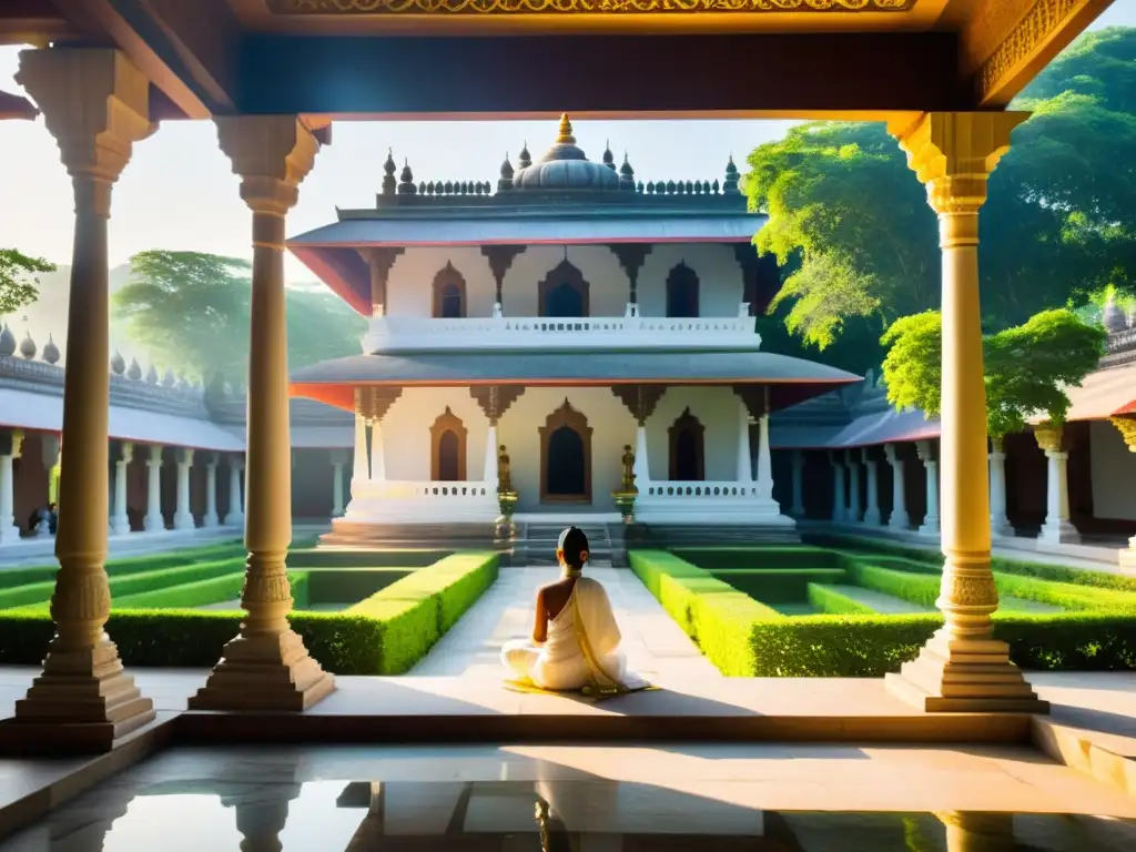 Complejo de templos jainistas en la India con devotos rezando y meditando, rodeado de exuberante vegetación