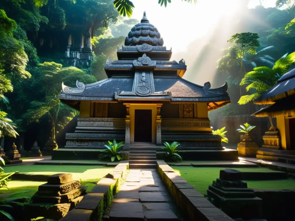 Complejo de templos en la selva, con símbolos ancestrales y ceremonia indígena