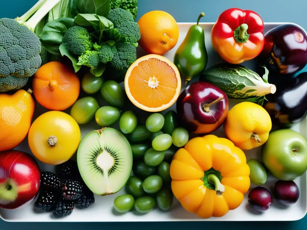 Una composición vibrante de frutas y verduras, mostrando la diversidad y belleza natural