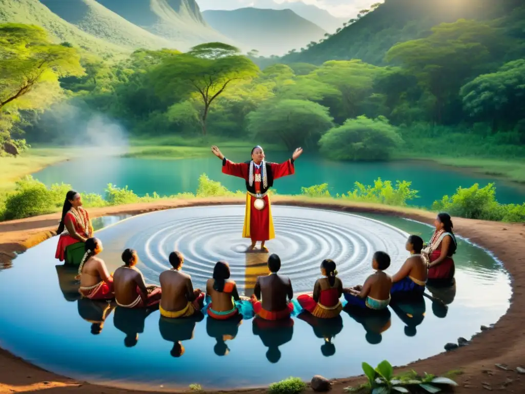 Una comunidad indígena realiza un ritual ceremonial junto a una fuente de agua, mostrando la filosofía indígena del agua en Sudamérica