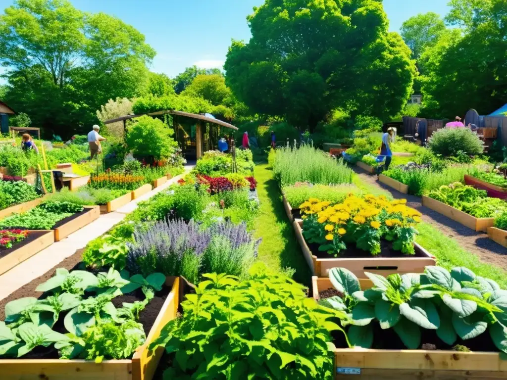 Un jardín comunitario de permacultura vibrante y bullicioso, lleno de frutas, verduras y flores diversas