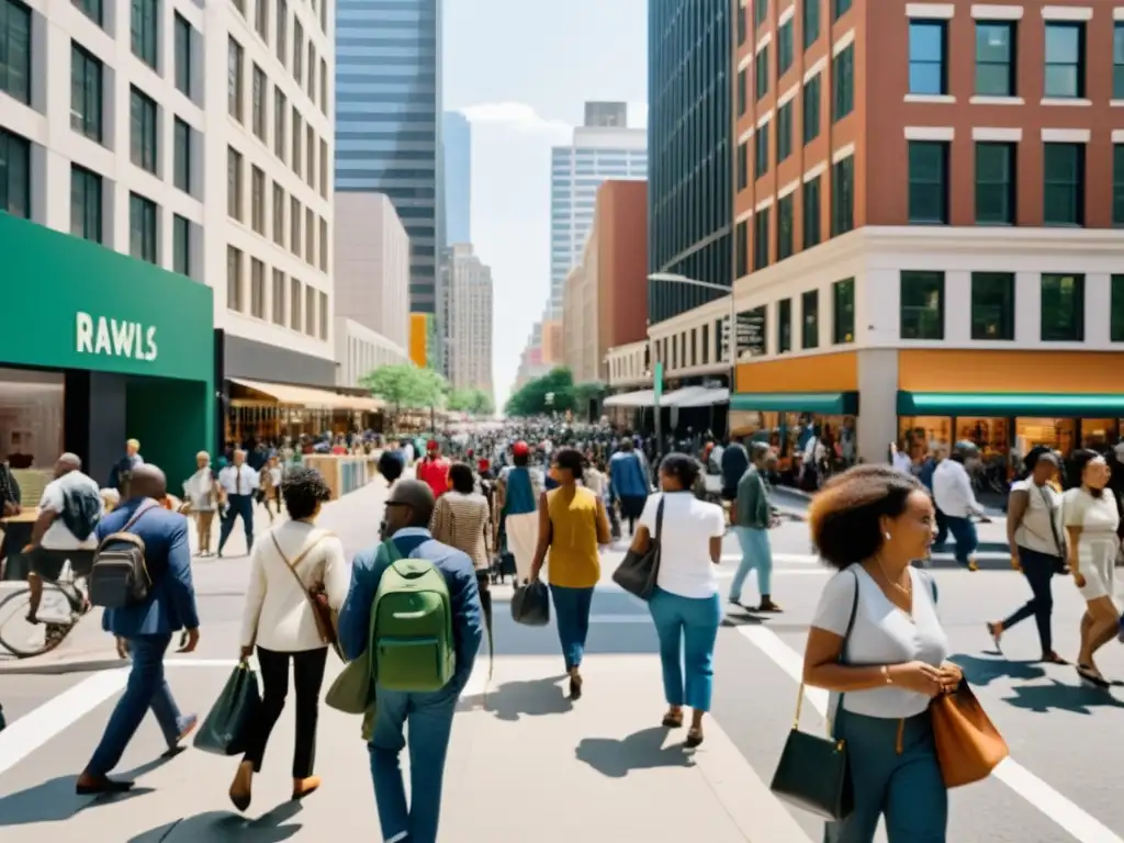 Una concurrida calle de la ciudad refleja la diversidad y las interacciones diarias, mostrando la complejidad de una sociedad equitativa según Rawls