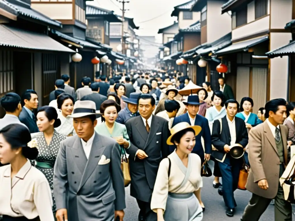 Una concurrida calle en Japón de la posguerra, con gente vestida de forma tradicional y occidental