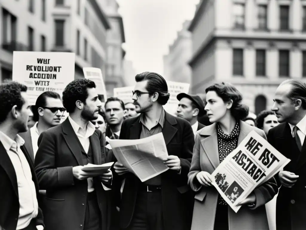 Conferencia de anarquistas en el siglo XX debatiendo con pasión y determinación, sosteniendo pancartas y folletos en una ciudad bulliciosa