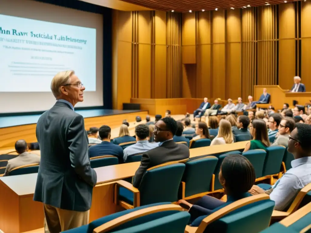 Conferencia de John Rawls sobre sociedad equitativa, con estudiantes y profesores atentos