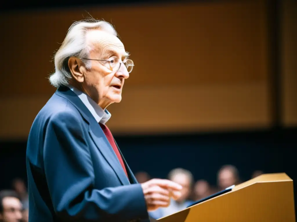 Jean-François Lyotard imparte una conferencia en la universidad, mostrando intensidad y profundidad intelectual