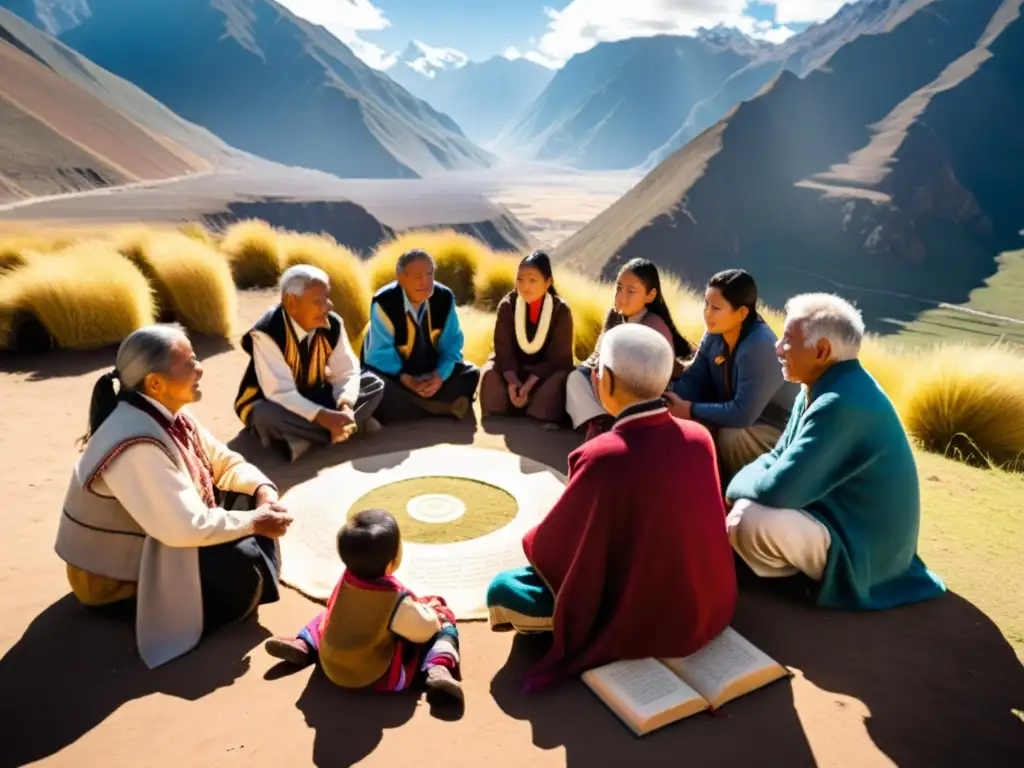 Transmisión del conocimiento en culturas andinas: Ancianos Amautas comparten sabiduría con jóvenes estudiantes en paisaje andino
