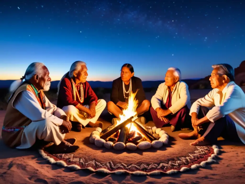 Consejos de ancianos en Norteamérica: Círculo de ancianos nativos reunidos alrededor del fuego, compartiendo sabiduría bajo el cielo estrellado