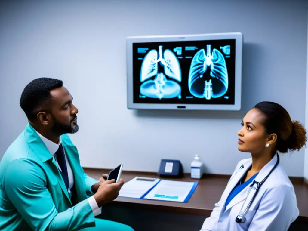 En la consulta médica, el doctor muestra imágenes médicas en una tablet al paciente