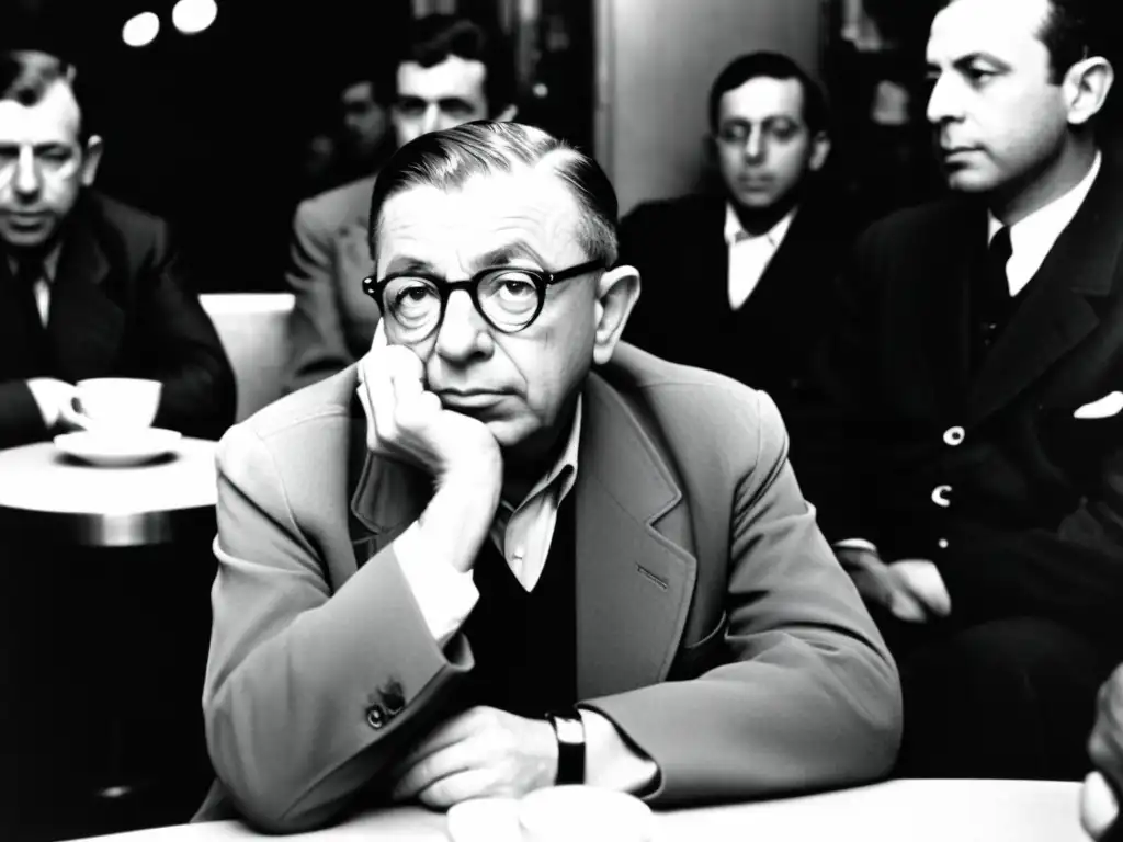 Jean-Paul Sartre liderando una conversación sobre 'Autenticidad en el liderazgo existencialista' en un concurrido café de París, rodeado de filósofos