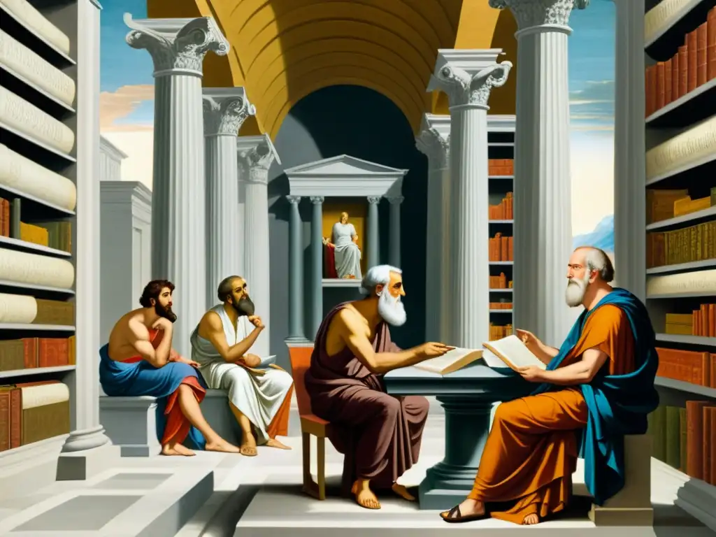 Conversaciones filosóficas en una pintura clásica con filósofos discutiendo entre pilares y pergaminos iluminados por lámparas de aceite