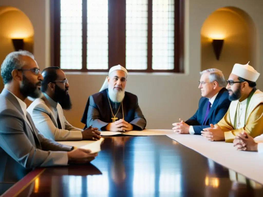 Conversaciones serenas entre líderes espirituales de distintas religiones, mostrando perspectivas únicas diálogo interreligioso