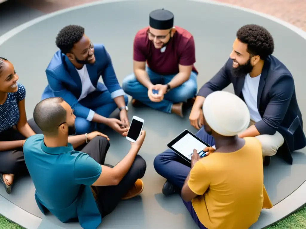 Conexión de creencias a través de tecnología: Diversidad religiosa en diálogo respetuoso, usando dispositivos tecnológicos para conectar ideas