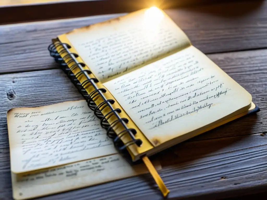 Un cuaderno envejecido repleto de reflexiones filosóficas rodeado de literatura existencialista, bañado en luz nostálgica