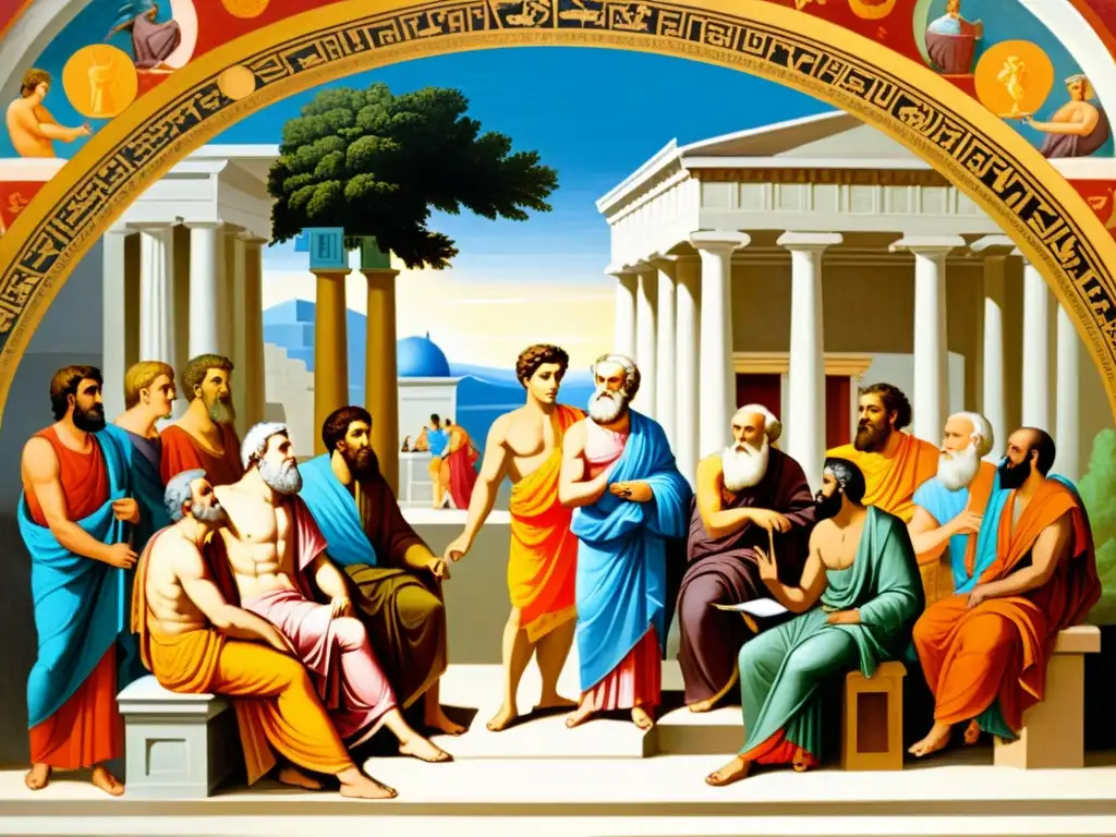 Cuadro de filósofos griegos debatiendo en bullicioso mercado, incluyendo a Platón, Aristóteles, Sócrates y Heraclito