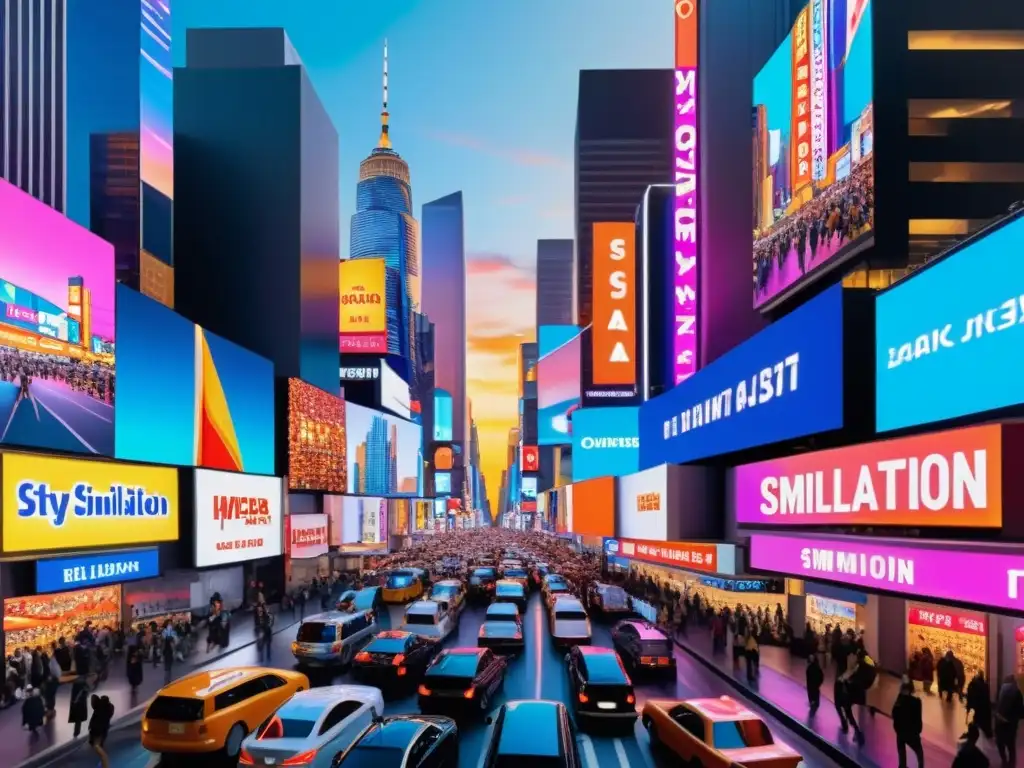 Un cuadro hiperrealista de una calle abarrotada en la ciudad, con carteles y pantallas digitales que difuminan la línea entre la realidad y la simulación