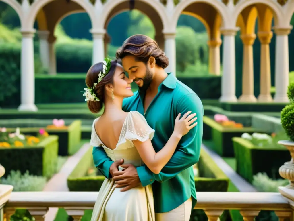Abrazo apasionado en el Renacimiento Cuadro de pareja renacentista abrazada en jardines exuberantes y arquitectura clásica, reflejando la filosofía del amor en el Renacimiento