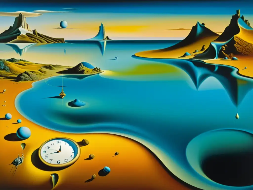 Cuadro surrealista de Salvador Dalí con paisaje onírico, relojes derretidos y figuras distorsionadas
