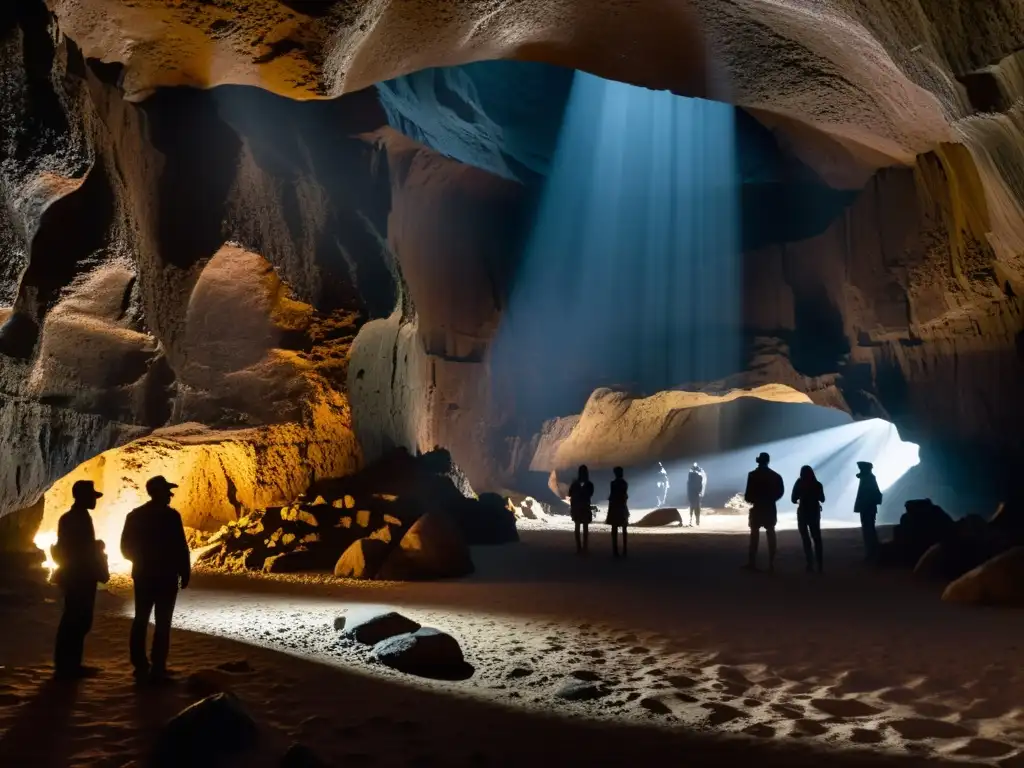 Una cueva oscura con proyecciones y siluetas, evocando interpretaciones contemporáneas del mito de la caverna