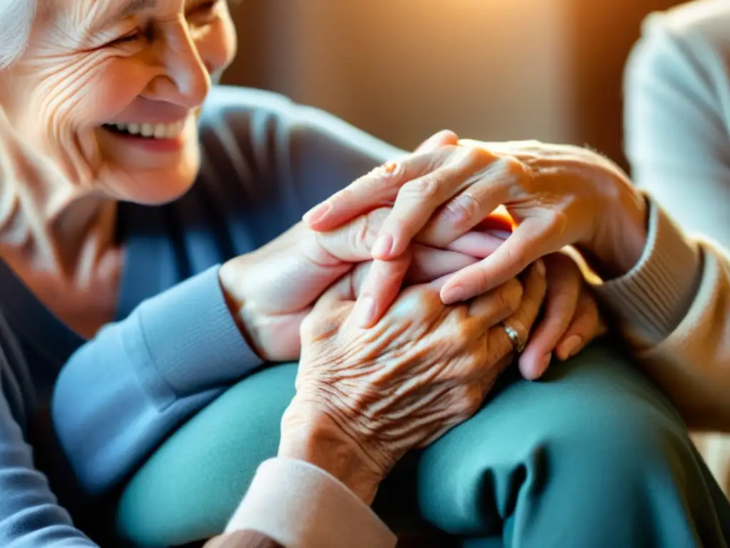 Una cuidadora compasiva sostiene la mano de una persona mayor con una sonrisa cálida y genuina, transmitiendo empatía y dedicación
