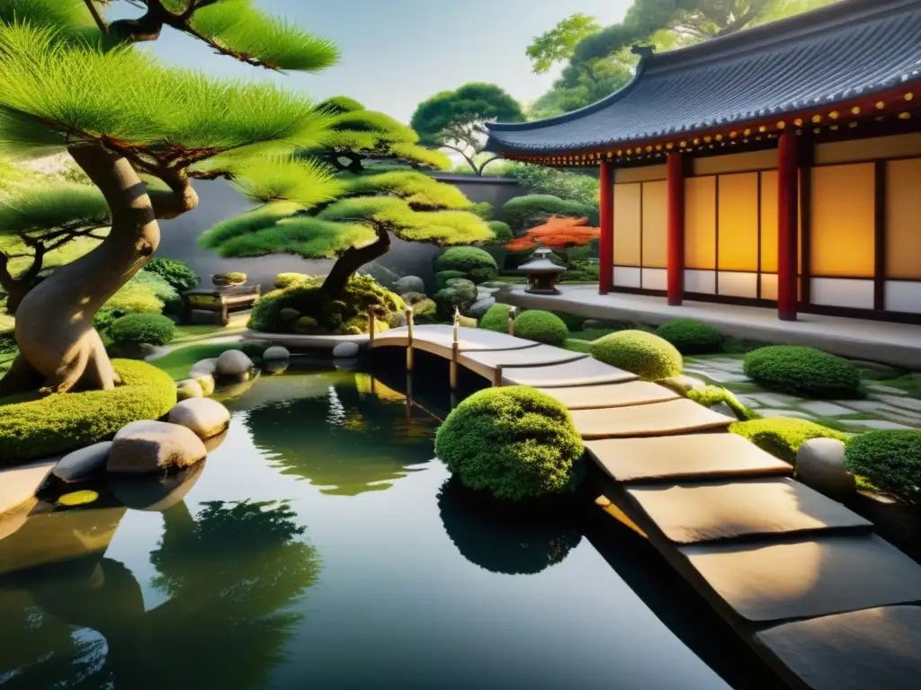 Cultivo de energía sexual taoísta en un jardín sereno y apartado con árboles bonsái, estanque de koi y pabellón chino tradicional entre la vegetación