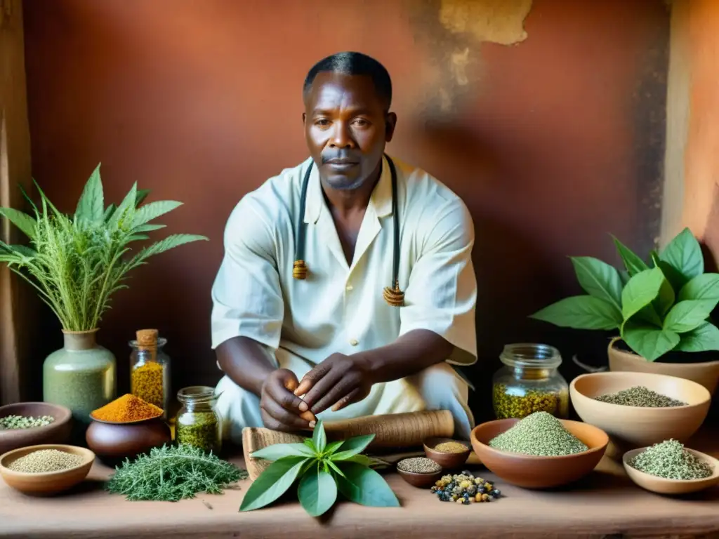 Un curandero africano prepara una remedio con hierbas medicinales, transmitiendo la sabiduría de la Filosofía de la sanación medicinales africanas