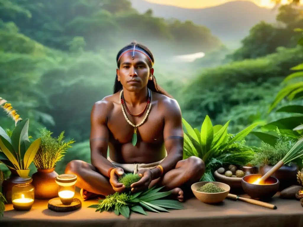 Un curandero indígena realiza un ritual de curación con plantas en un bosque