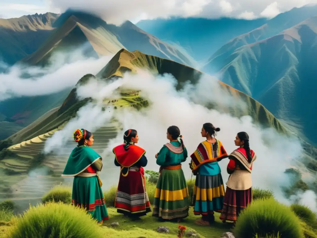 Curanderos Kallawaya en la cima de los Andes, realizando un ritual de sanación entre la neblina y la naturaleza exuberante