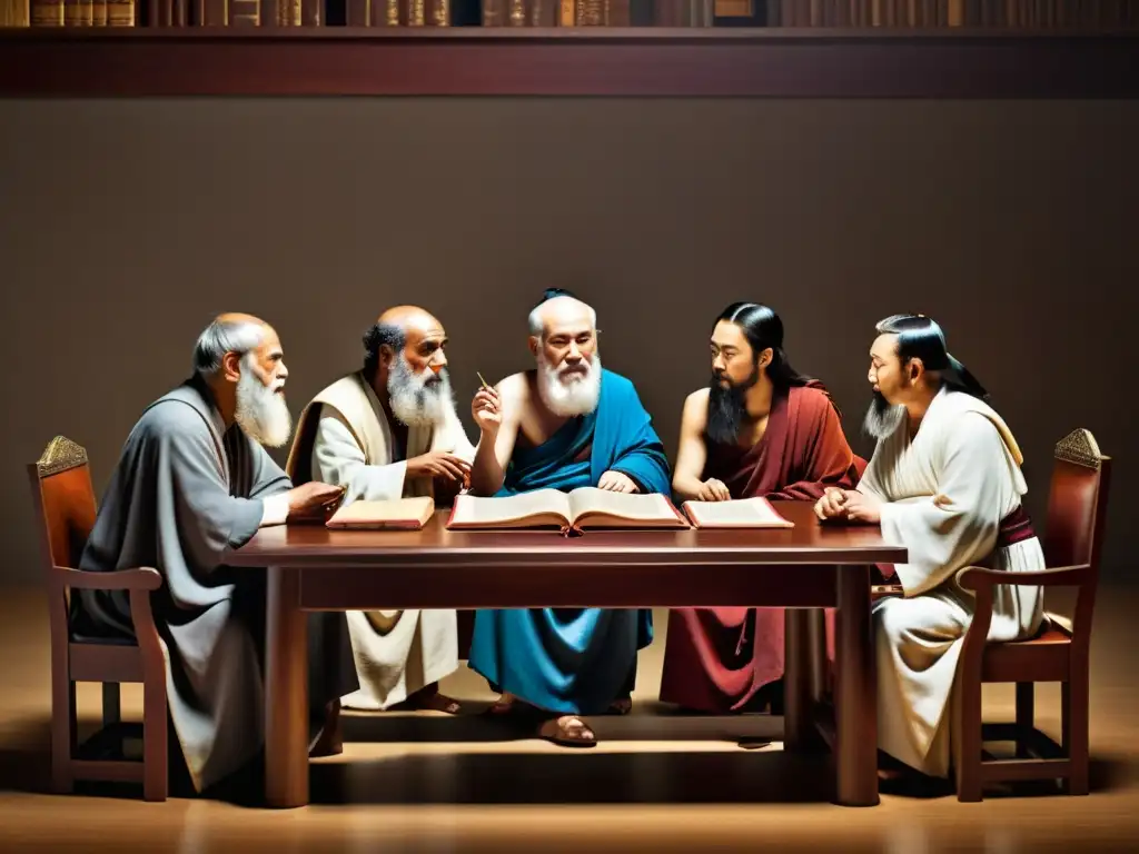Curso intensivo online filósofos destacados: Imagen de filósofos renombrados discutiendo intensamente sobre una mesa de caoba con antiguos pergaminos