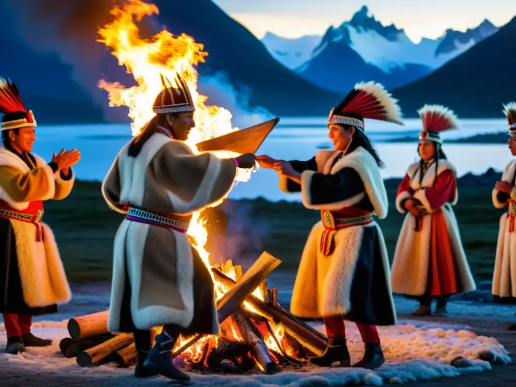 Danza ceremonial de pueblos Selk'nam y Yámana alrededor de fogata en Tierra del Fuego, fusionando fuego e hielo en una fascinante cosmogonía