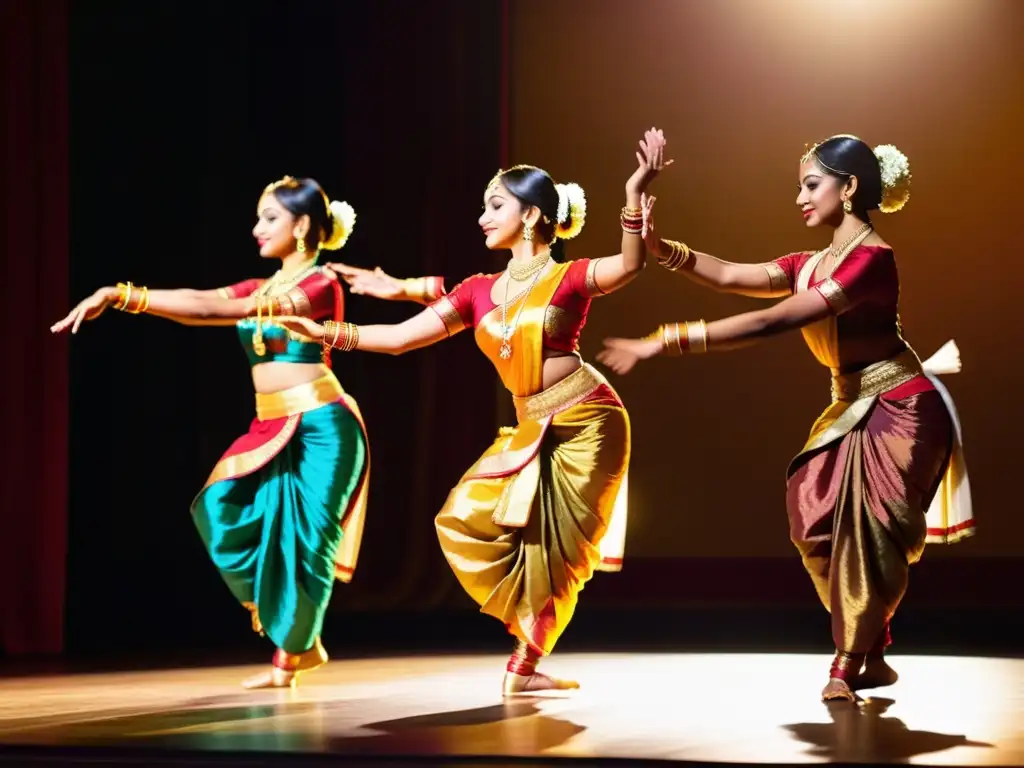 Danza clásica India expresión divina: Bailarines de Bharatanatyam con trajes vibrantes y expresiones emocionantes en escenario iluminado